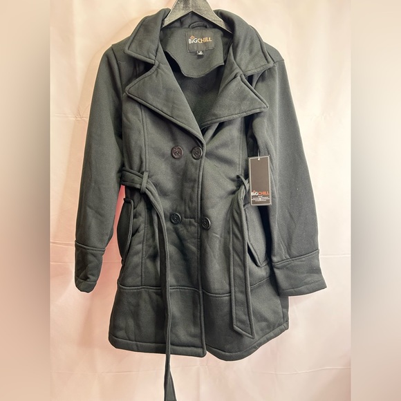 BIG CHILL | Black Double-Breasted Belted Fleece Trenchcoat (Size: M) - Picture 4 of 16